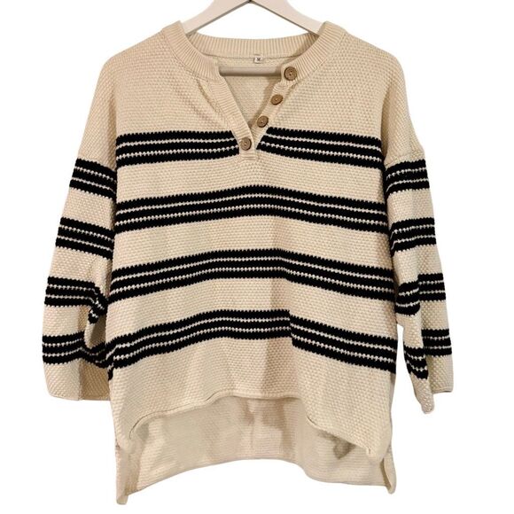 Amazon 100% cotton waffle knit Henley striped pullover M - Picture 9 of 9